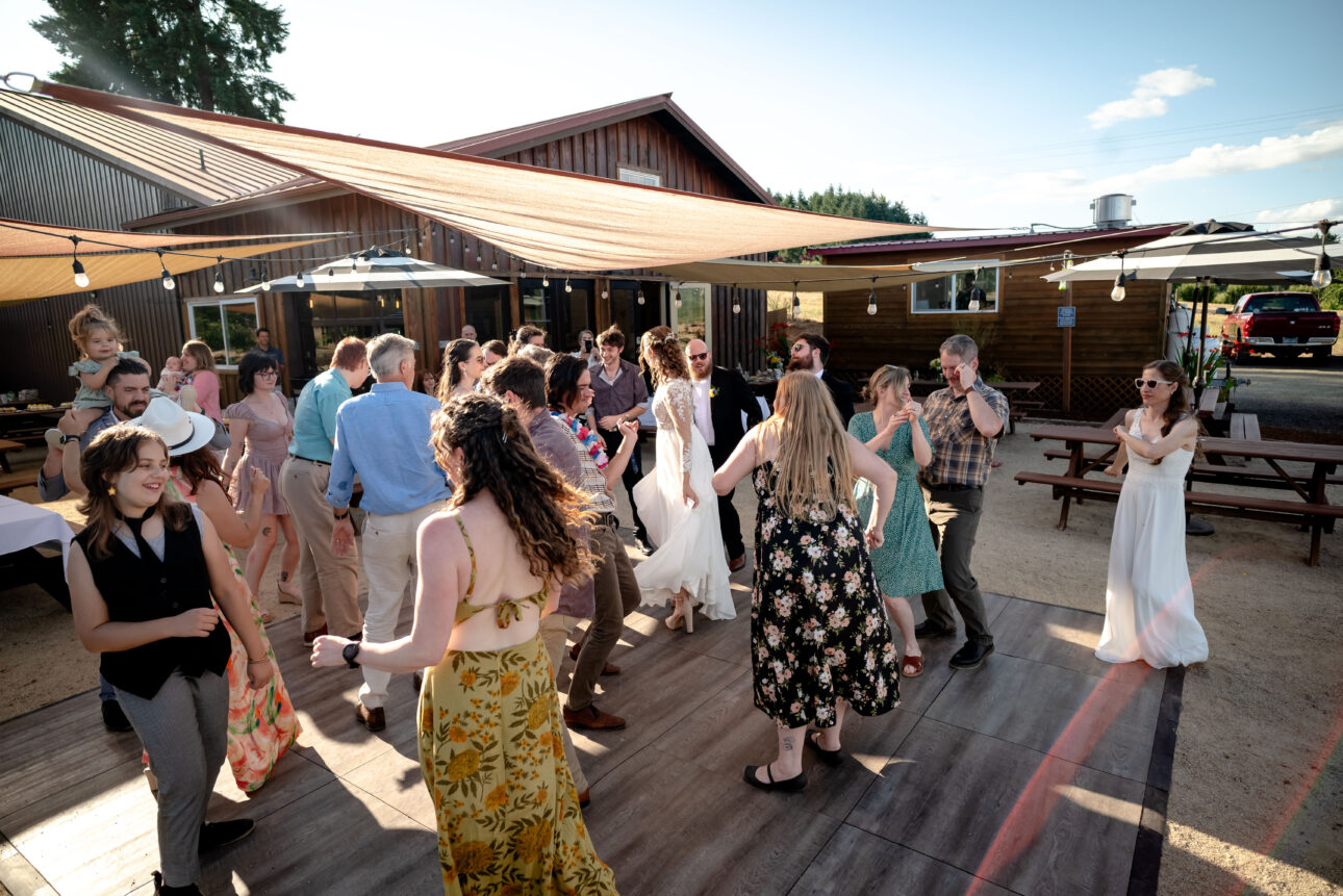 Dance floor image at summer wedding at alesong in Eugene oregon