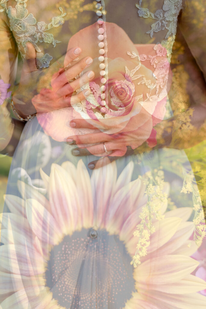 Double exposure image of bridal details and wedding flowers. Summer wedding in the pacific Northwest